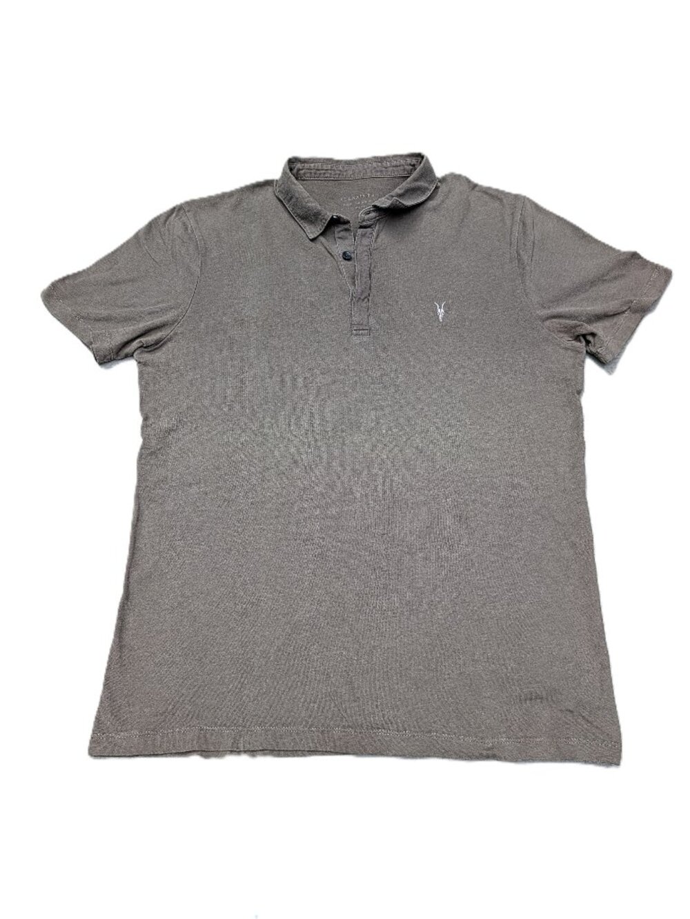 AllSaints Brace SS Polo Shirt Mens Medium Ramskull Washed Taupe Brown Cotton